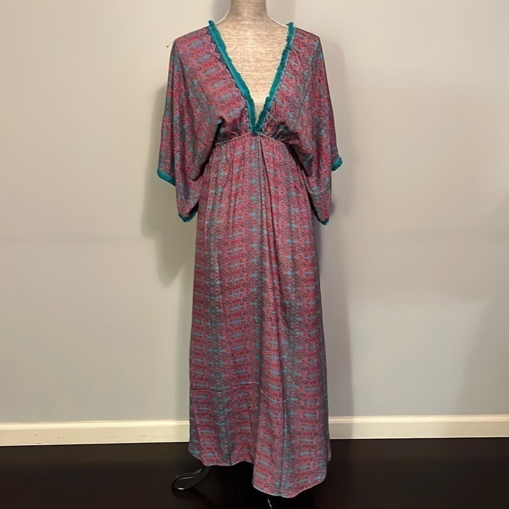 Patterned Maxi Dress in Red, teal and purple in size medium silk blend.  Fringe
